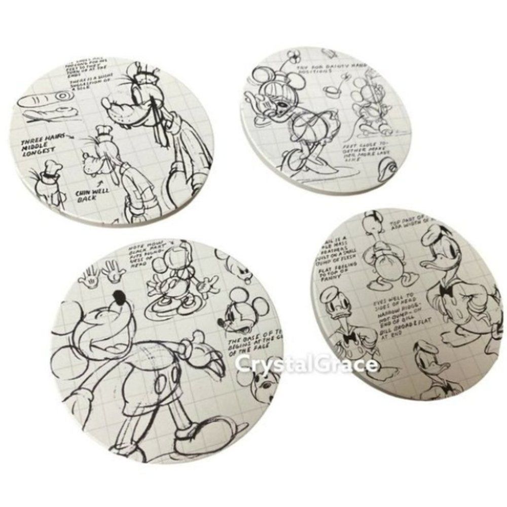 NWT DISNEY Sketch Absorbant Set of 4 Coasters Mickey Minnie Donald Goofy Cork